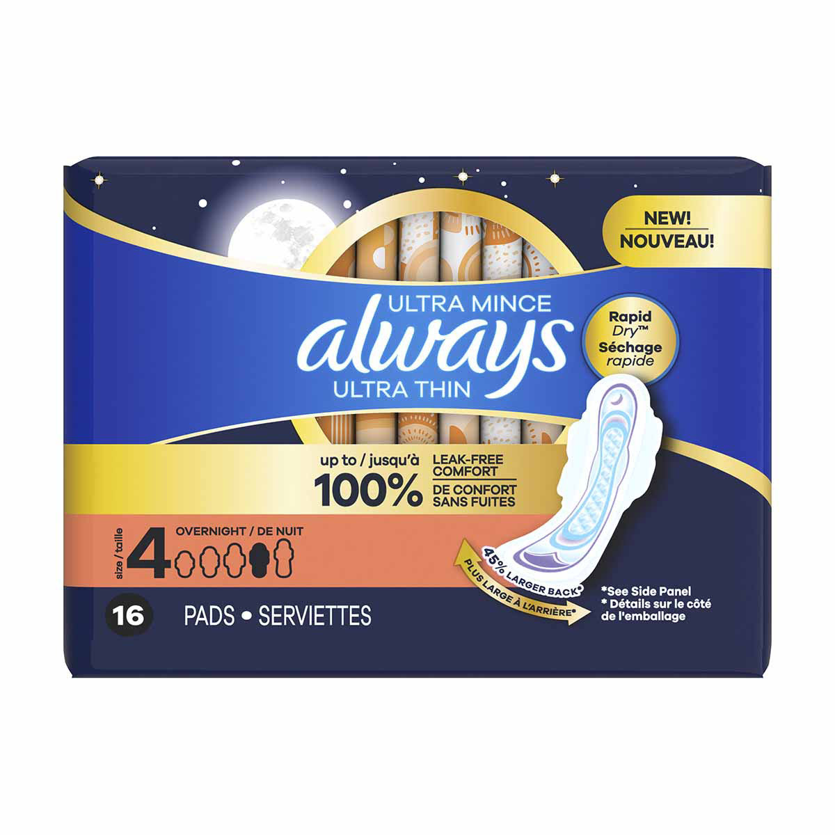 Always Ultra Thin Overnight Pads, Size 4, Overnight, Unscented, 16 Count