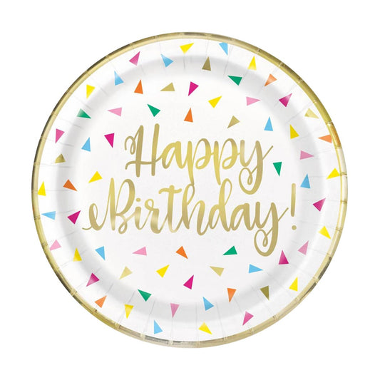 321 Party! 9" Foil Gold Triangle Confetti Birthday Party Plates, 8 ct