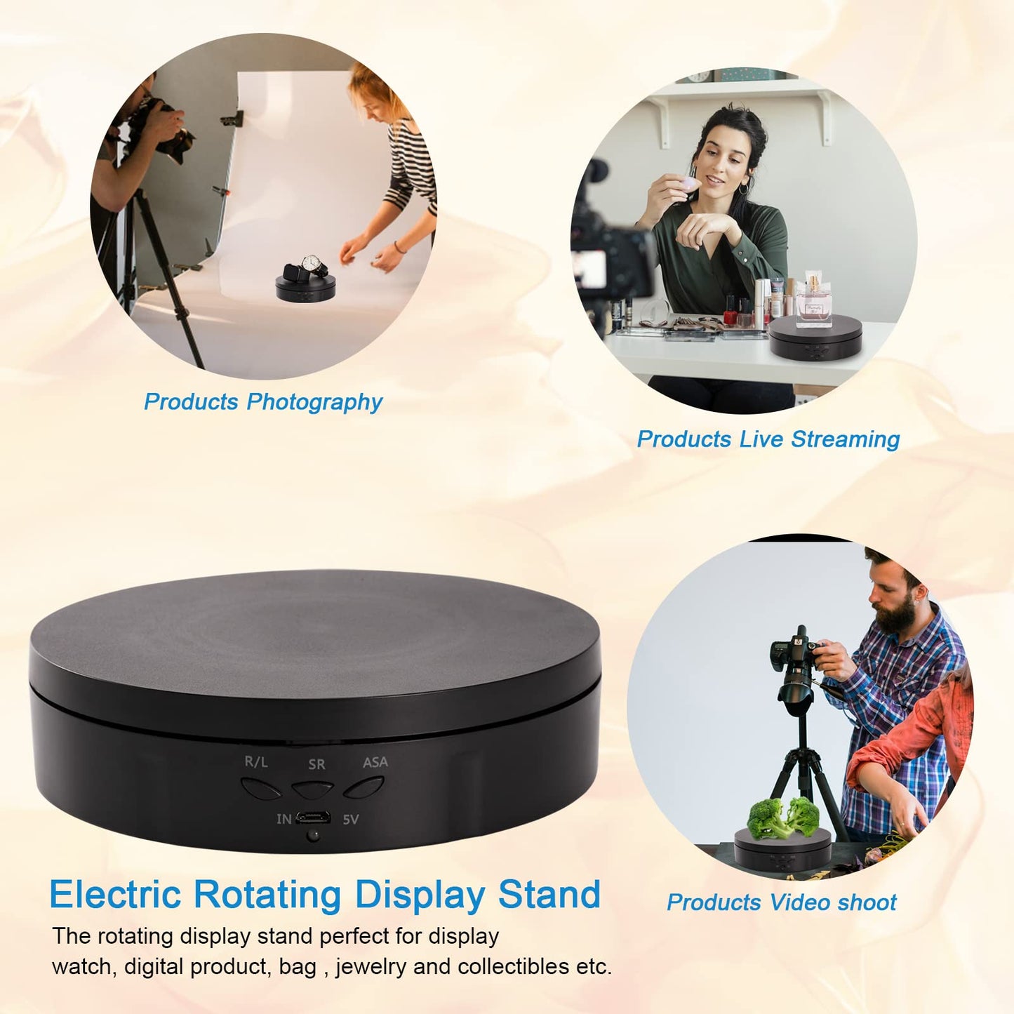 22 lbs Motorized Rotating Display Stand for Jewelry, 360 Degree , Automatic Mute Rotating Display Stand, Electronic Rotating Display Stand with USB Charging Port for Display, Photography Products