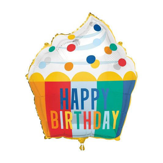 321 Party! 25" Giant Foil Happy Birthday Dots Cupcake Shaped Balloon